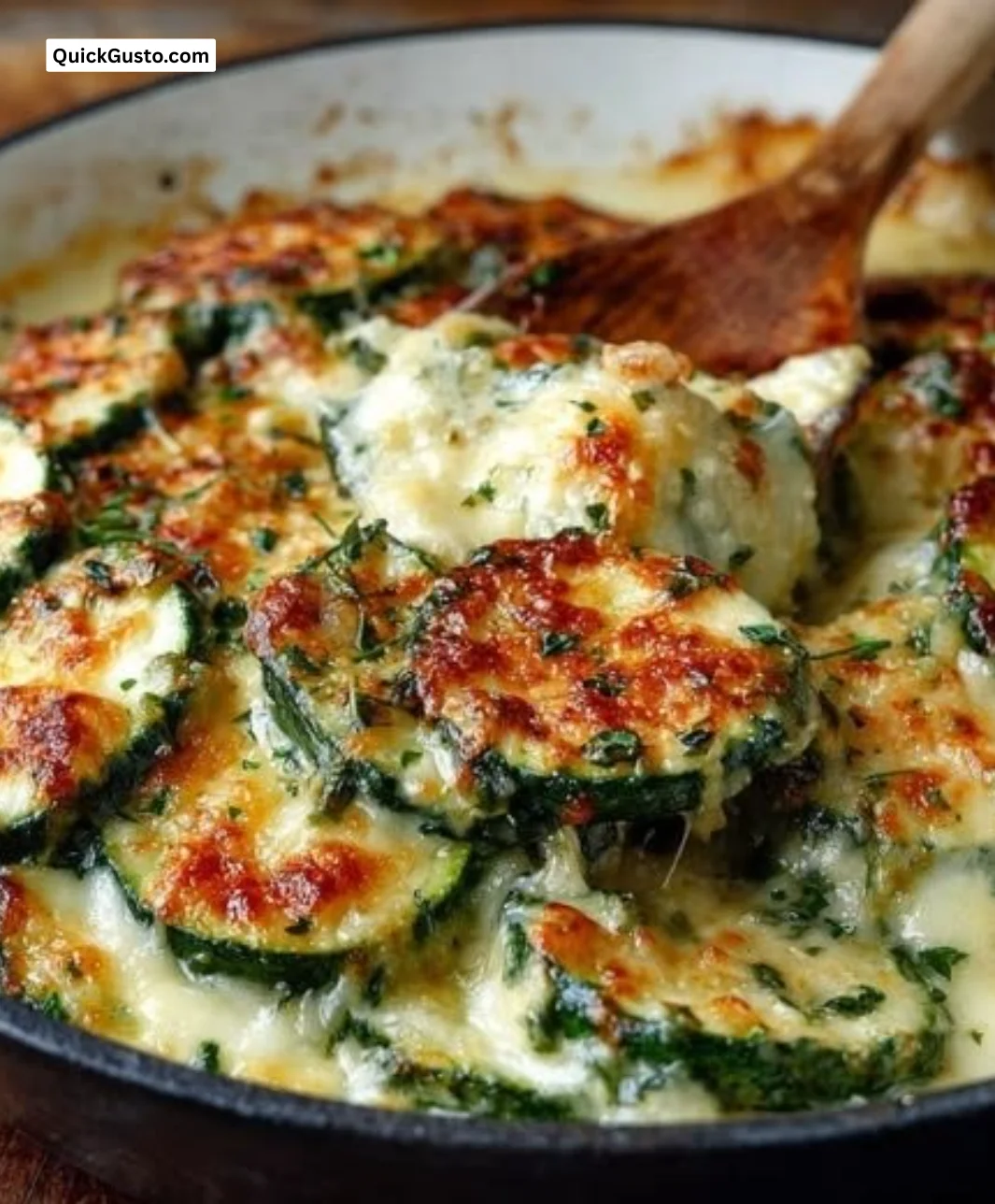 Oven-baked zucchini and cheese dish served with herbs and spices