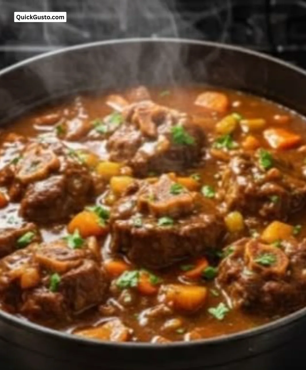 Bowl of flavorful oxtail stew garnished with herbs and vegetables.
