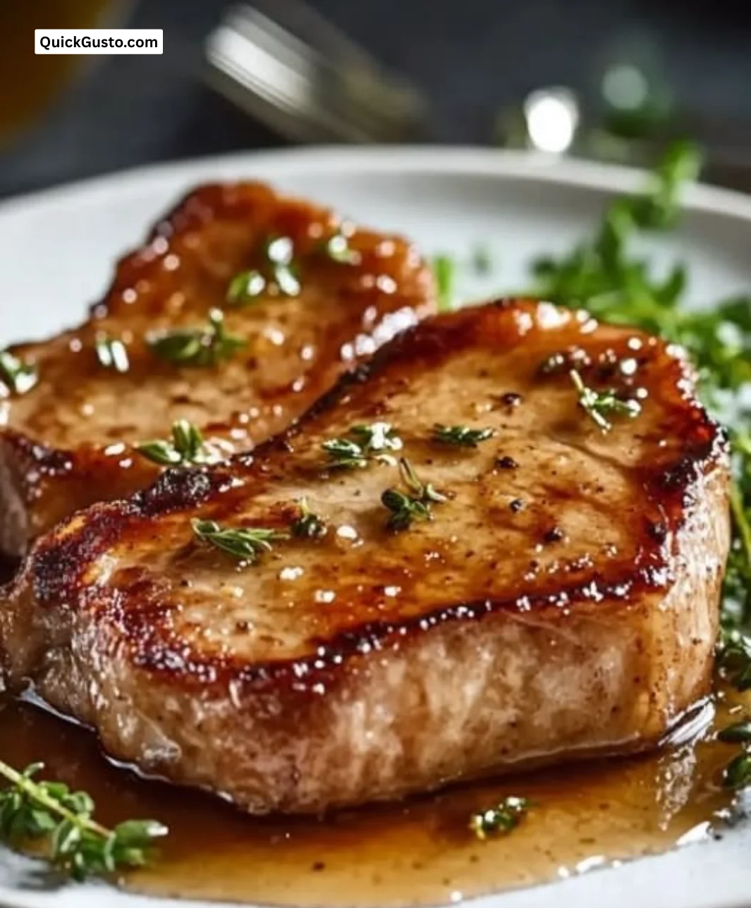 Pan seared honey garlic pork chops on a plate garnished with herbs