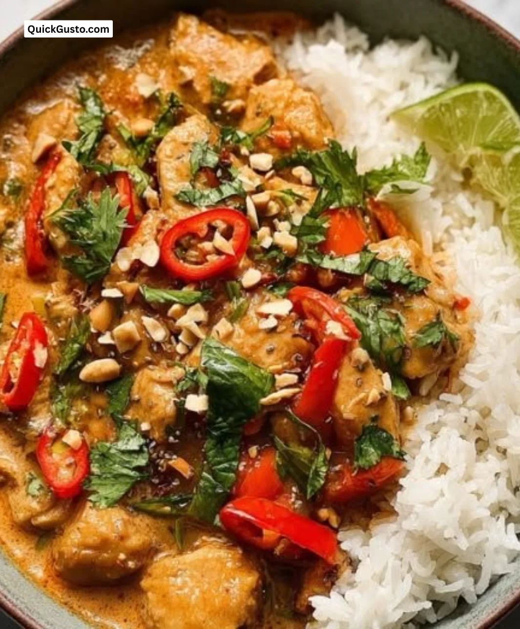 Bowl of flavorful Panang Curry with coconut milk and vibrant vegetables