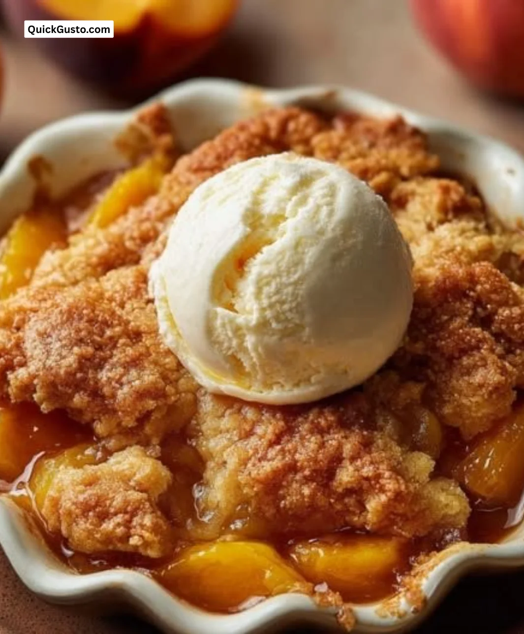 Delicious homemade peach cobbler with fresh peaches and a golden crust