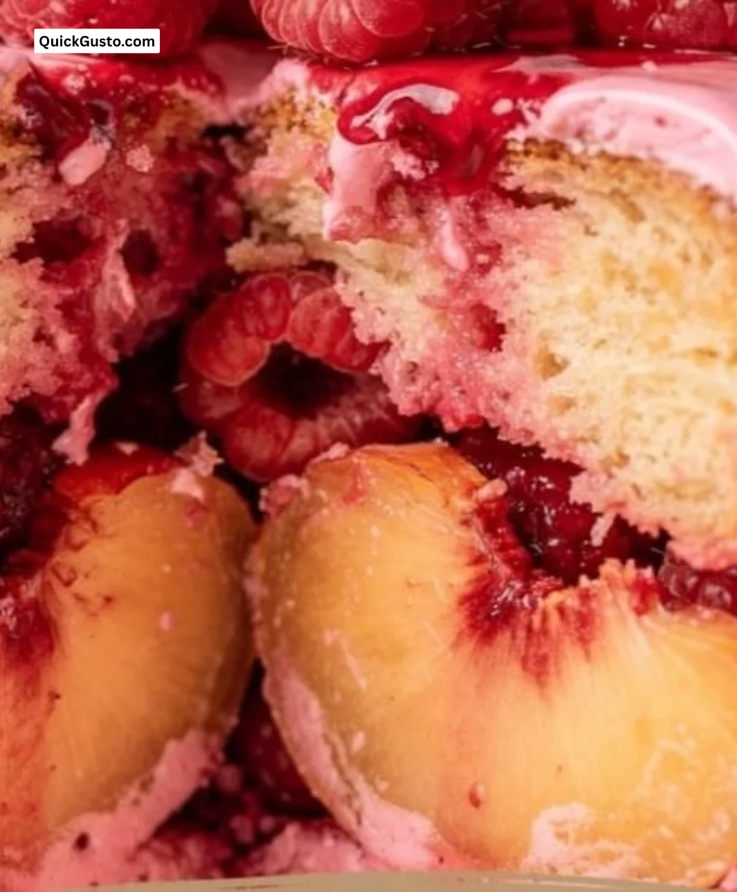 Delicious Peach Melba pudding served in a summer setting with fresh fruits.