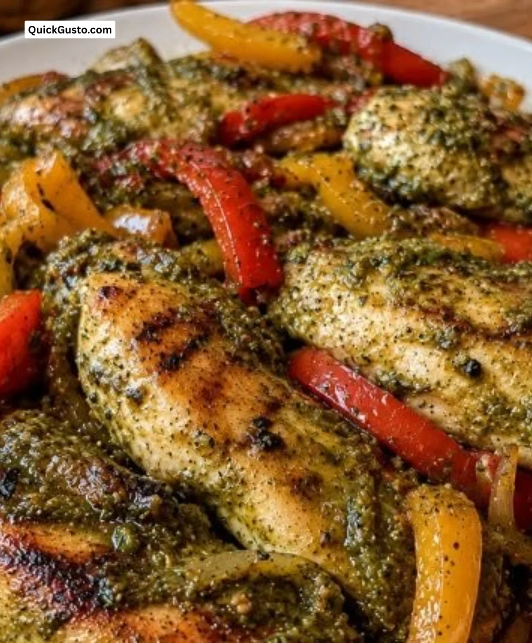 Pesto chicken with colorful peppers, a quick weeknight dinner recipe
