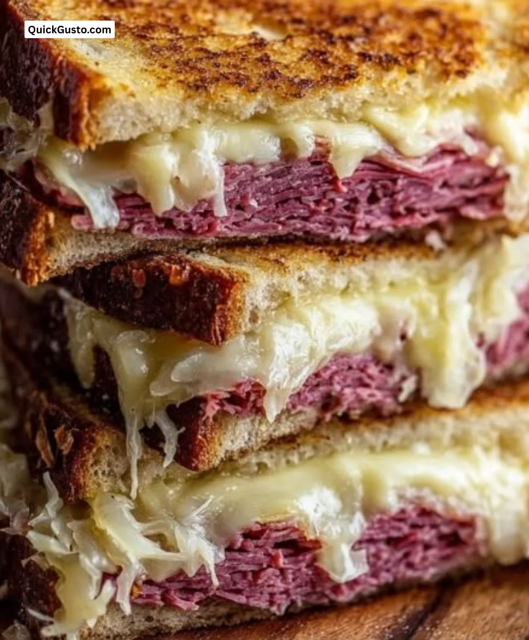 Crispy grilled Reuben sandwich served on a rustic wooden table