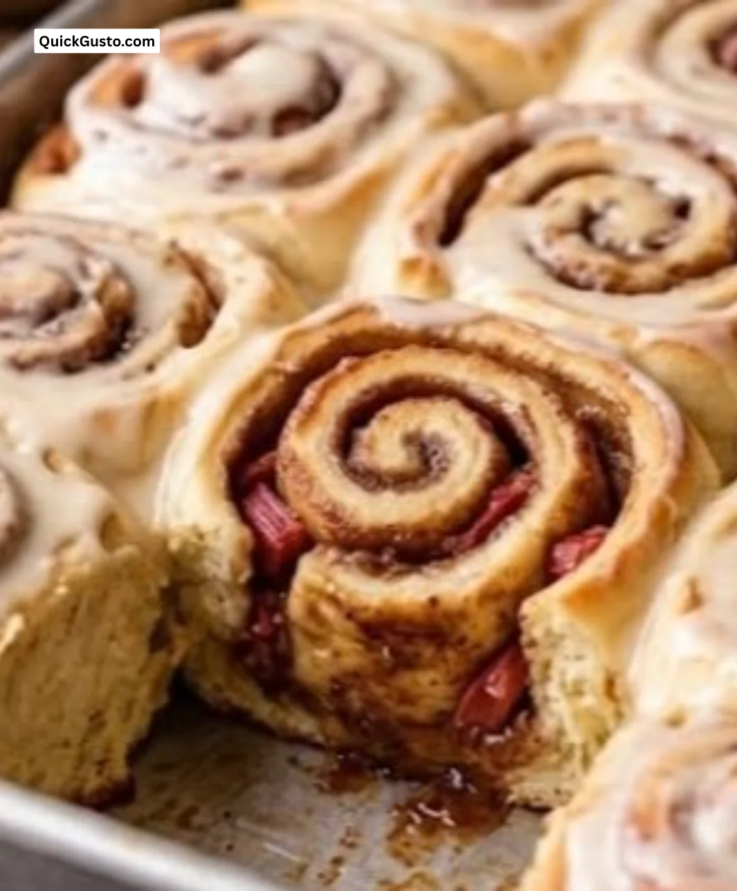 Freshly baked rhubarb rolls with a sweet glaze