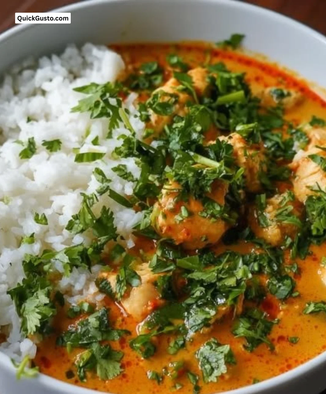 Bowl of Thai red curry chicken topped with fresh herbs and coconut milk