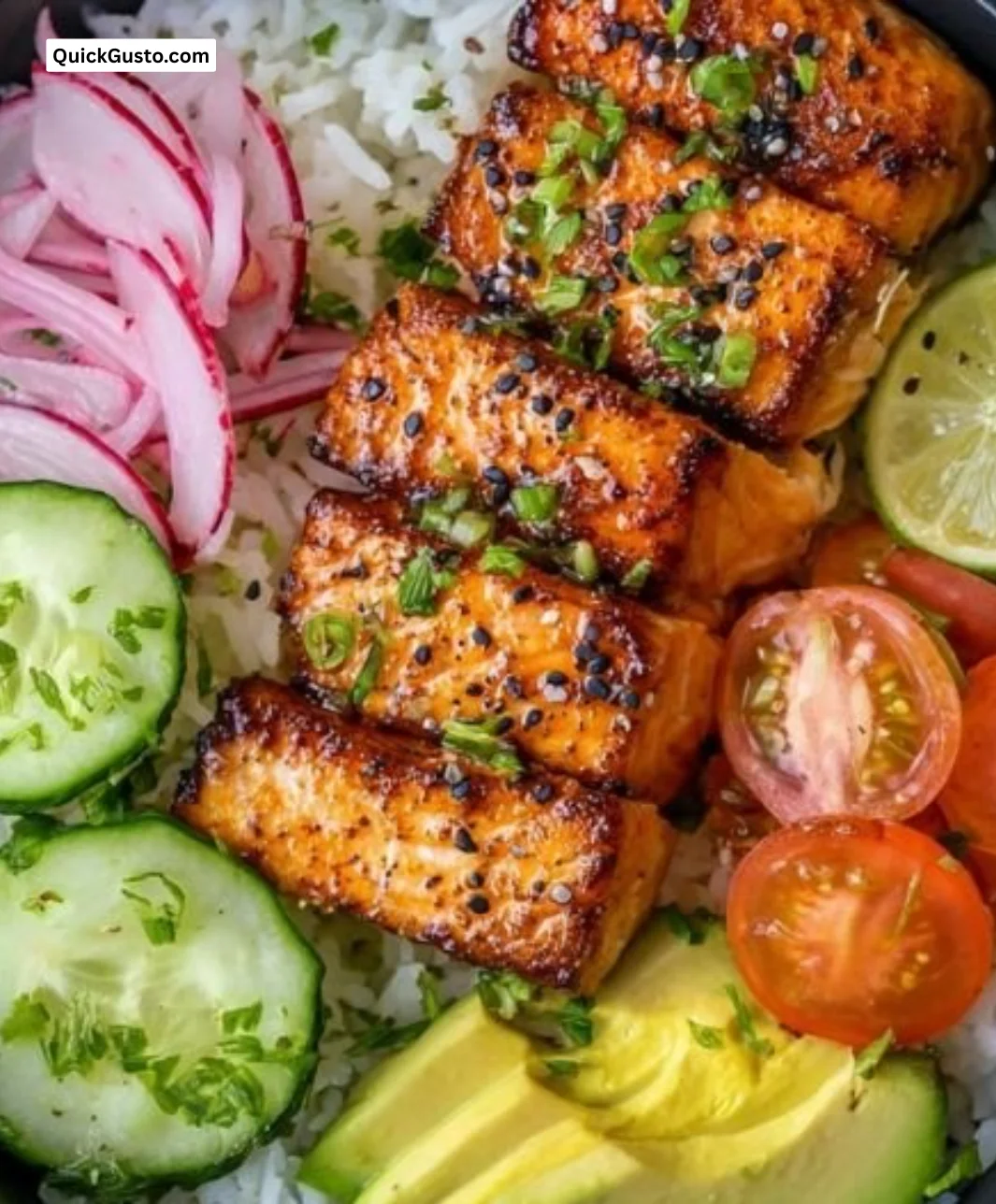 Delicious Salmon Bowl with fresh vegetables and grains