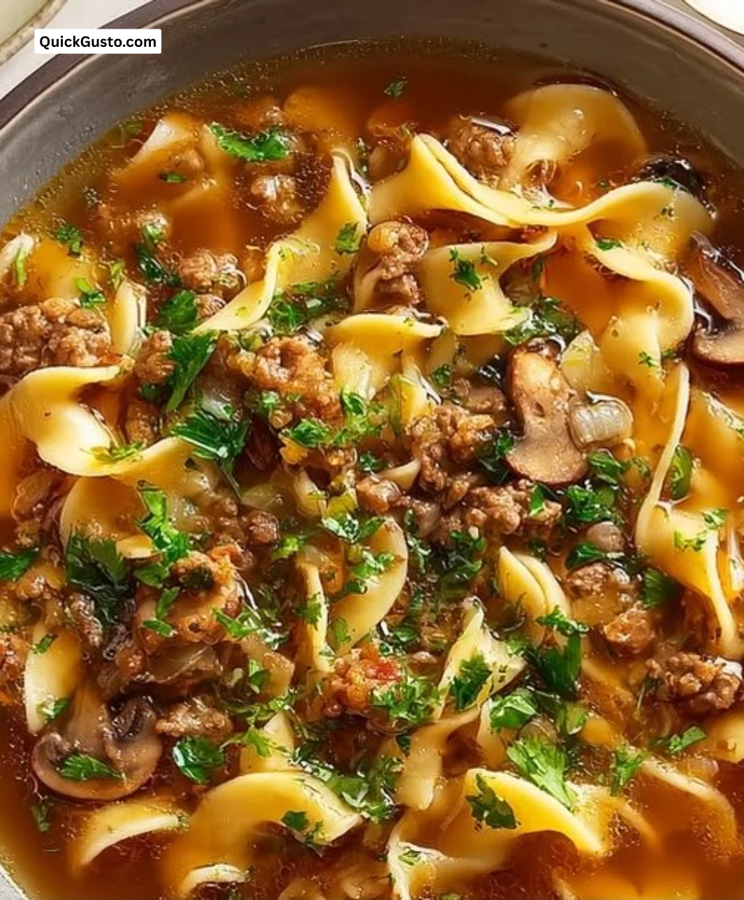 Bowl of ground beef pasta soup with vegetables and herbs for comfort food