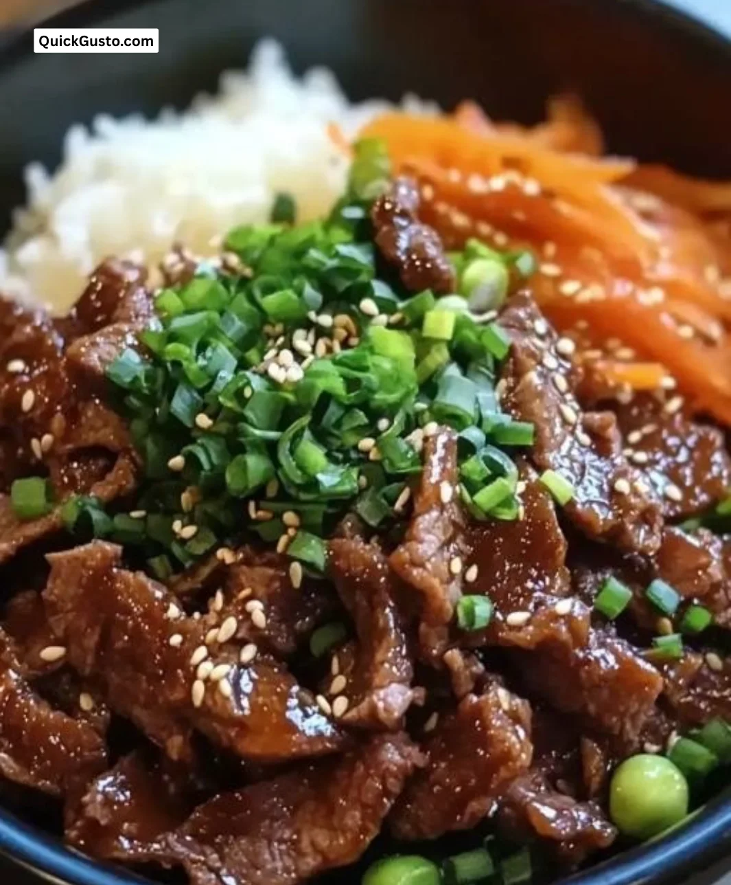Delicious Korean Beef Bulgogi served with rice and vegetables, showcasing the dish's vibrant colors.
