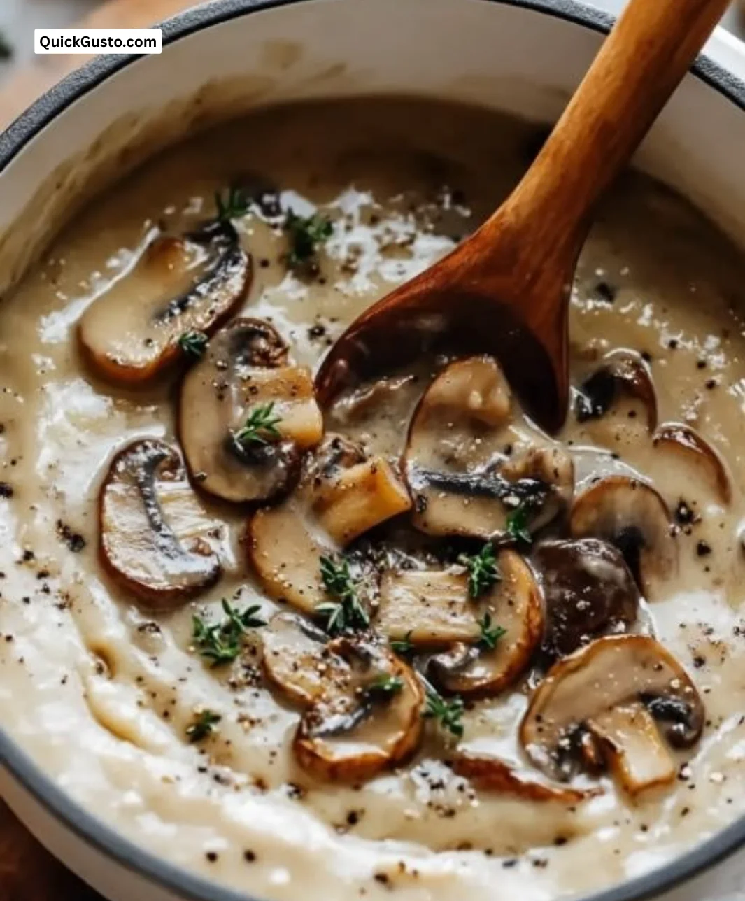 Delicious creamy mushroom gravy served over mashed potatoes