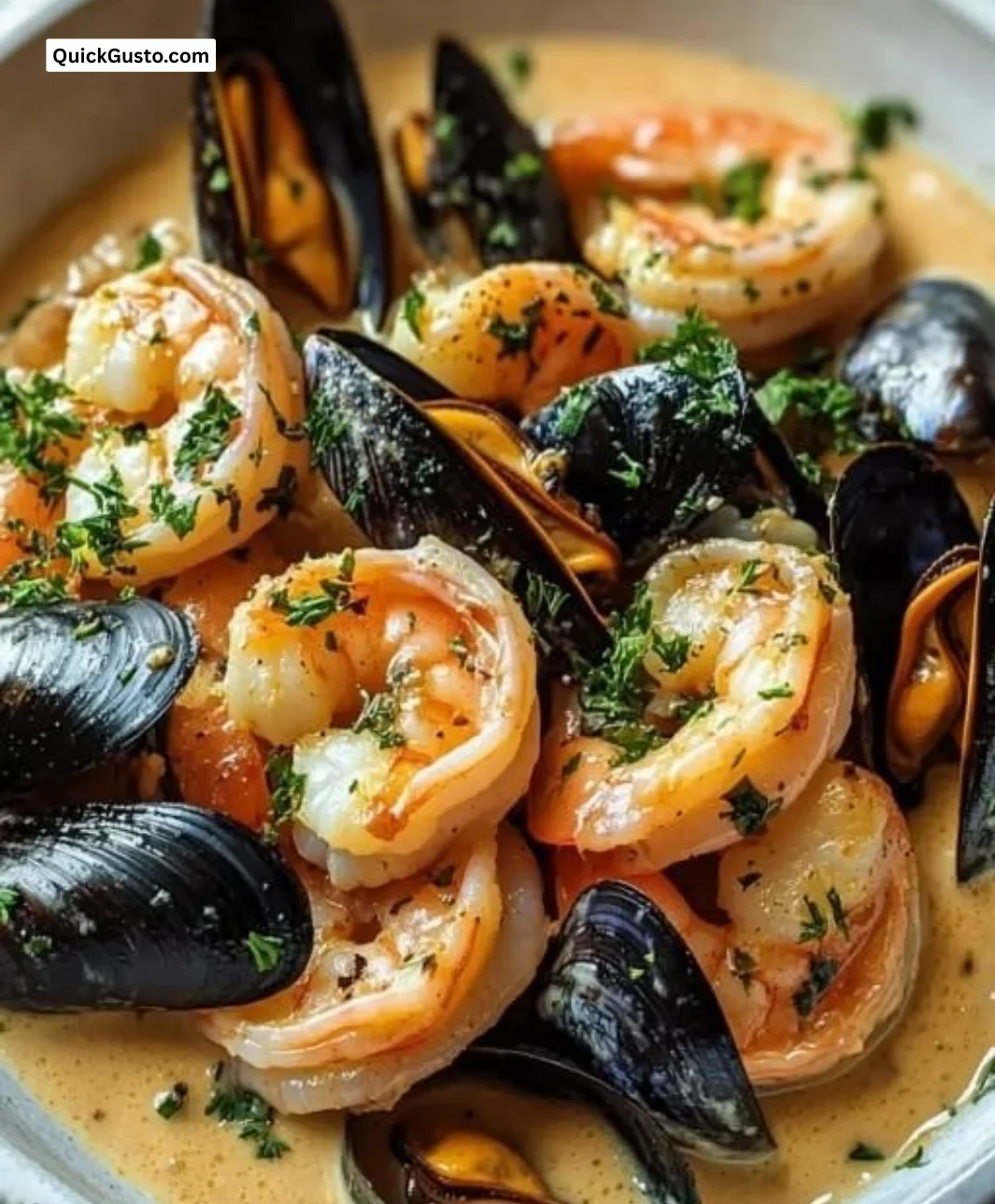 Delicious shrimp and mussels in creamy garlic sauce served in a bowl