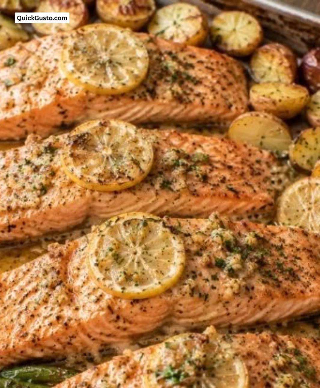 Delicious Sheet Pan Lemon Garlic Butter Salmon served with vegetables.