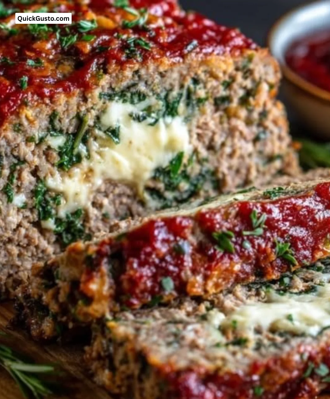 Delicious Italian stuffed meatloaf served with rich tomato sauce and herbs