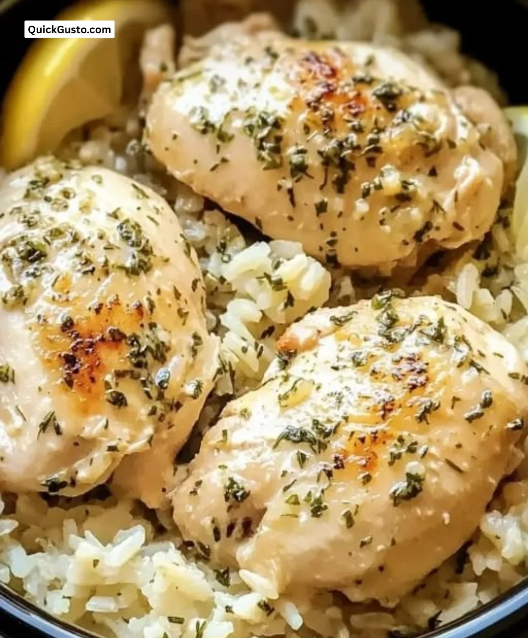 Slow Cooker Lemon Herb Chicken served with rice in a comforting dish