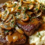 Plate of Smothered Southern Steak served with gravy and sides