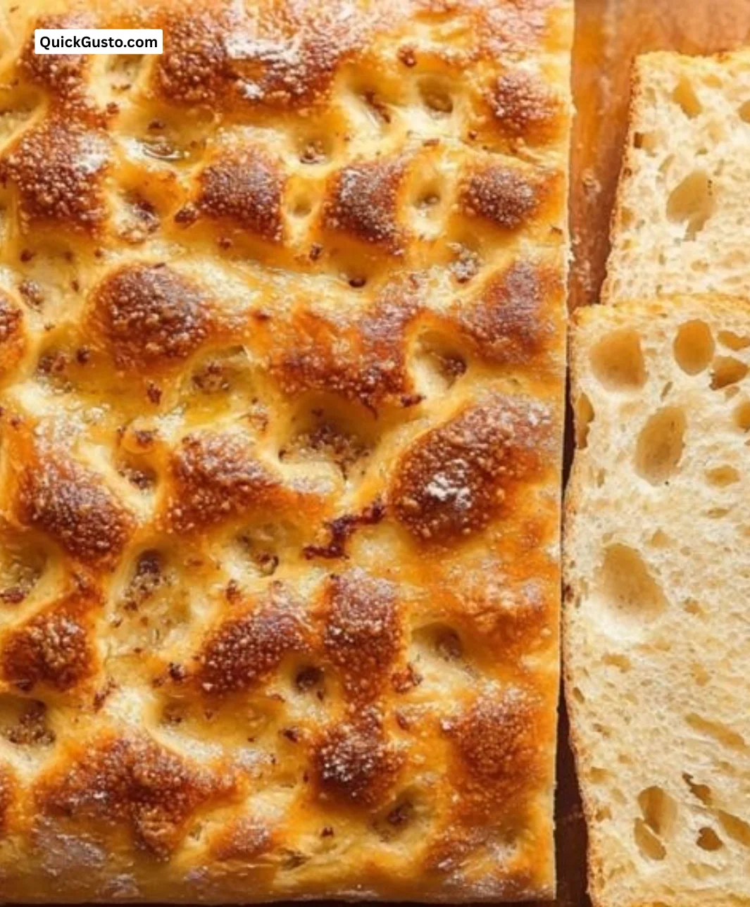 Freshly baked sourdough focaccia with herbs and olive oil.