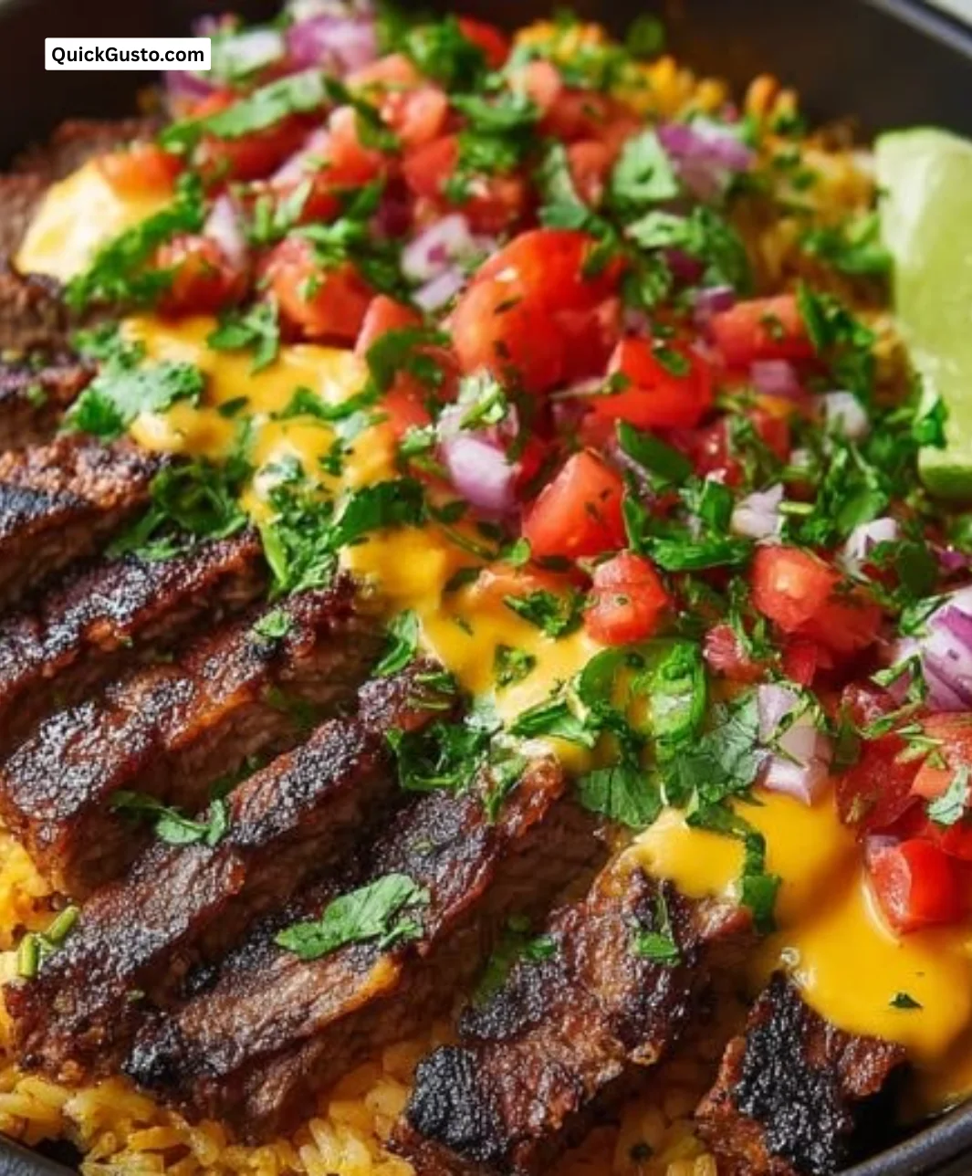 Delicious Steak and Queso Rice served in a cozy dish for dinner