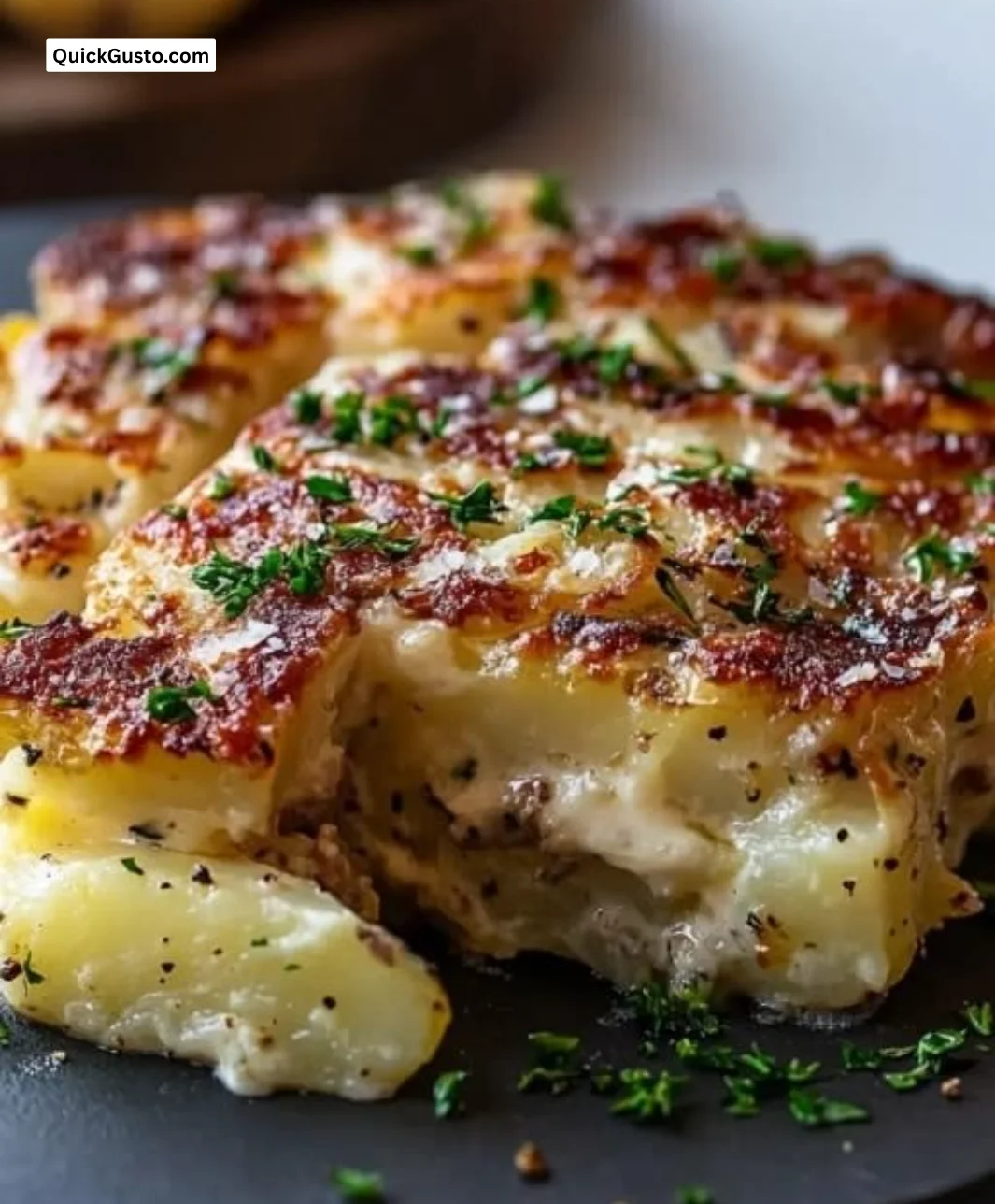 Plate of creamy Potatoes Romanov served as a gourmet steakhouse side dish