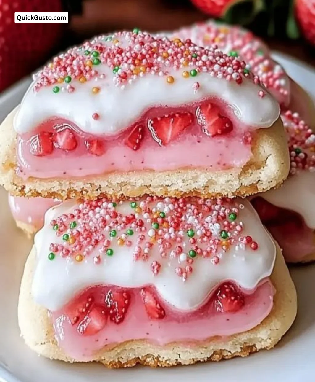 Strawberry pop tart cookies on a white plate with colorful icing.