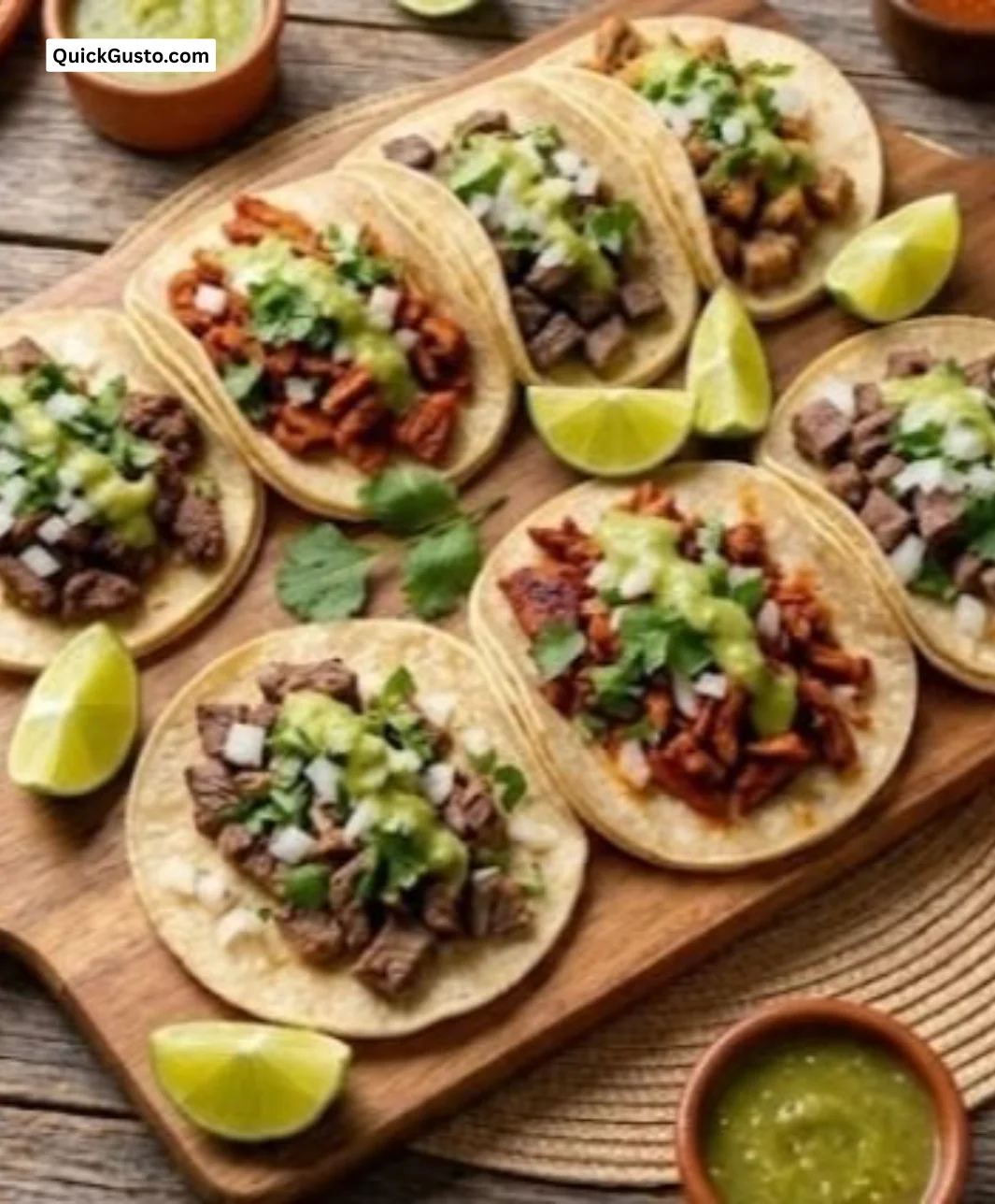 A variety of colorful street food style tacos served on a wooden table
