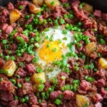 A plate of homemade corned beef hash served with eggs on a Sunday morning.