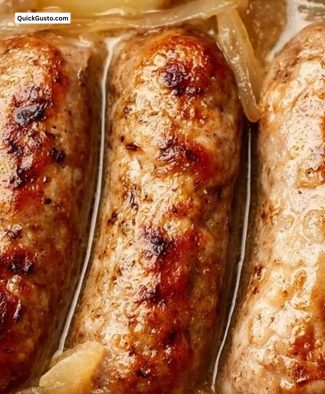 Tender crockpot beer brats served on a plate with toppings.