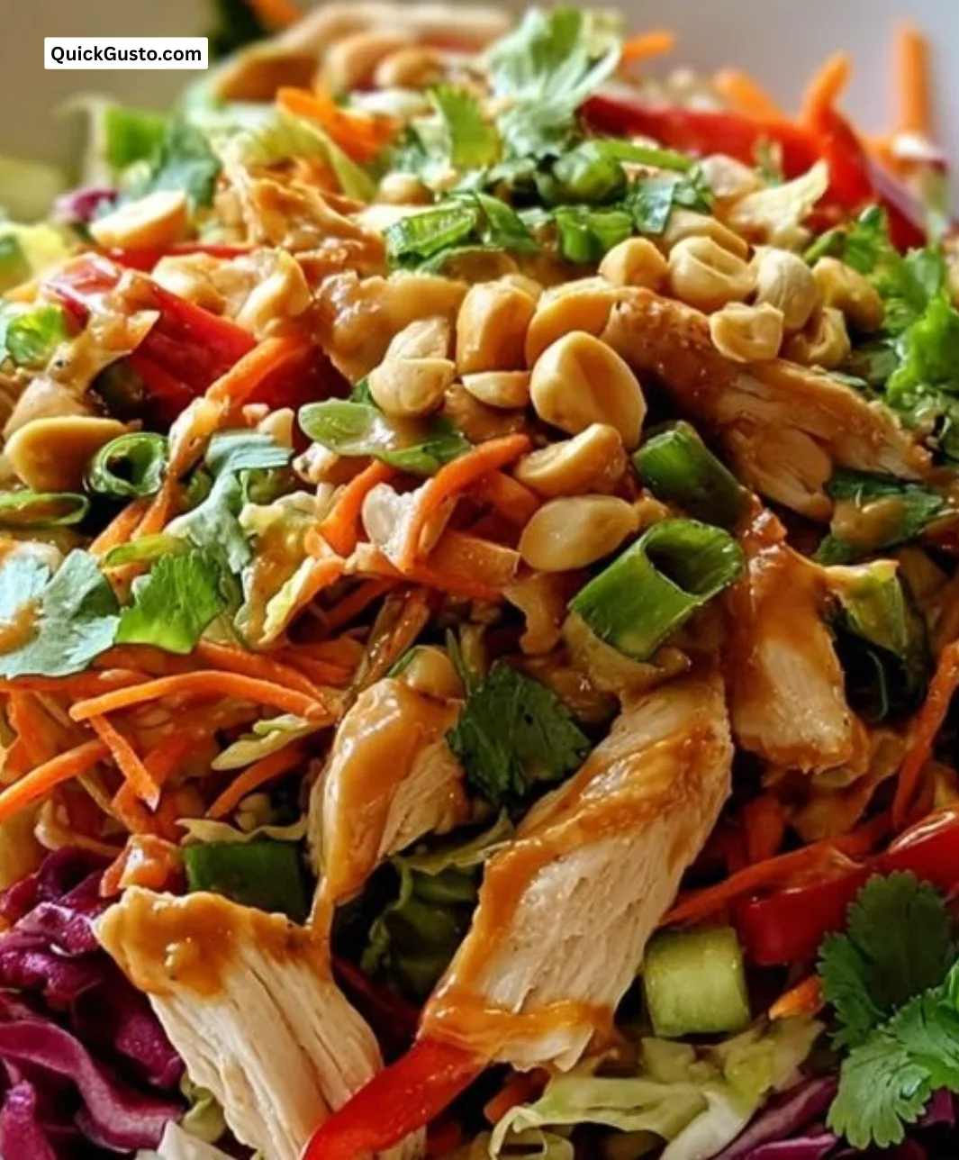 Thai Peanut Chicken Salad with vibrant vegetables and tender chicken pieces.