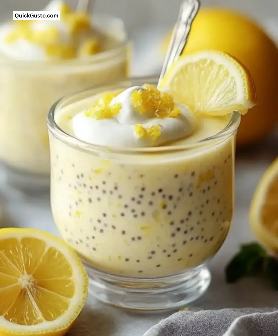Bowl of lemon cream chia pudding topped with fresh fruit