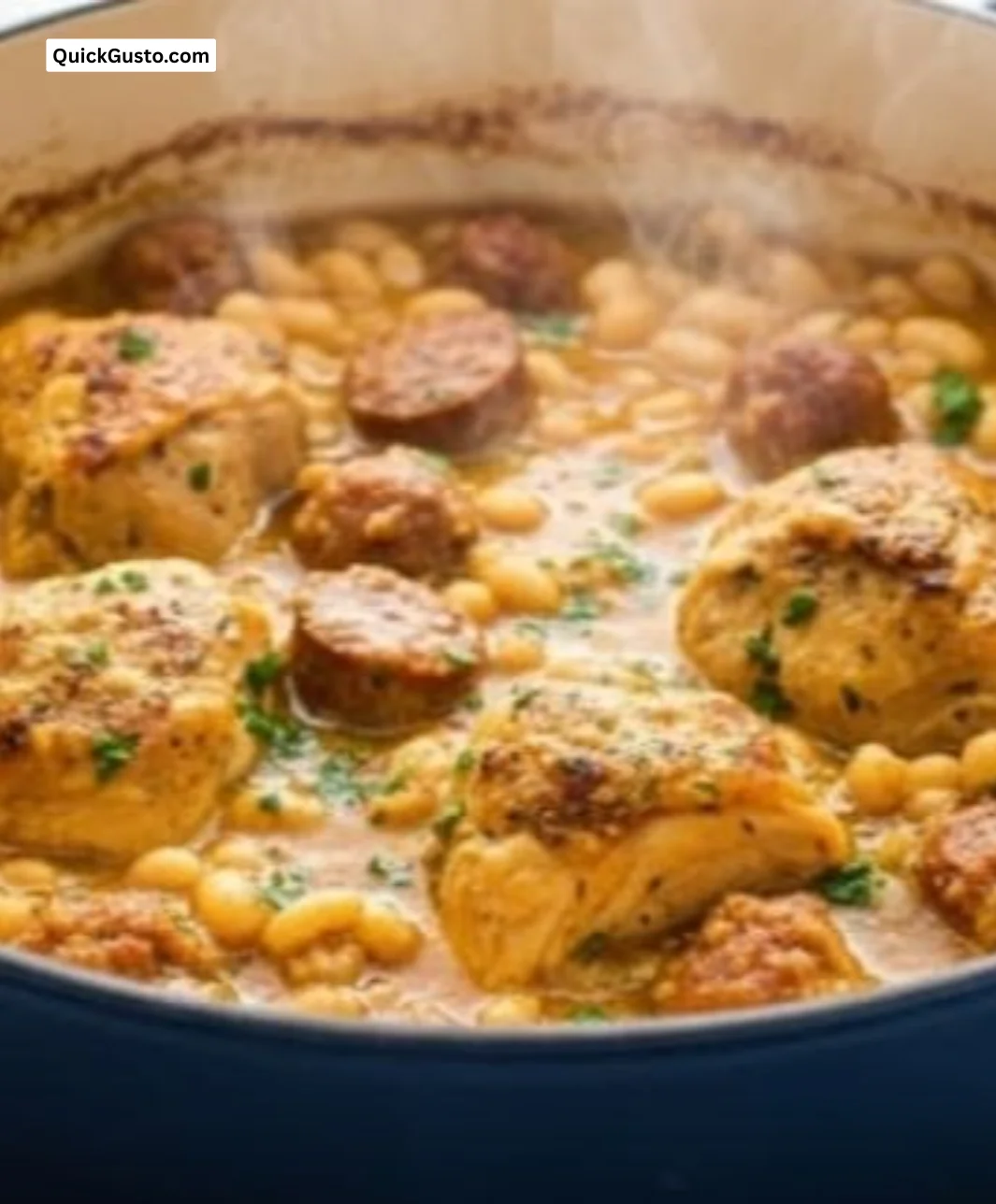 Delicious traditional French style chicken cassoulet in a rustic bowl