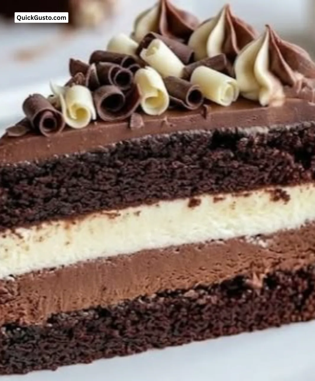 Slice of Triple Chocolate Tuxedo Cake showcasing its rich layers of chocolate.