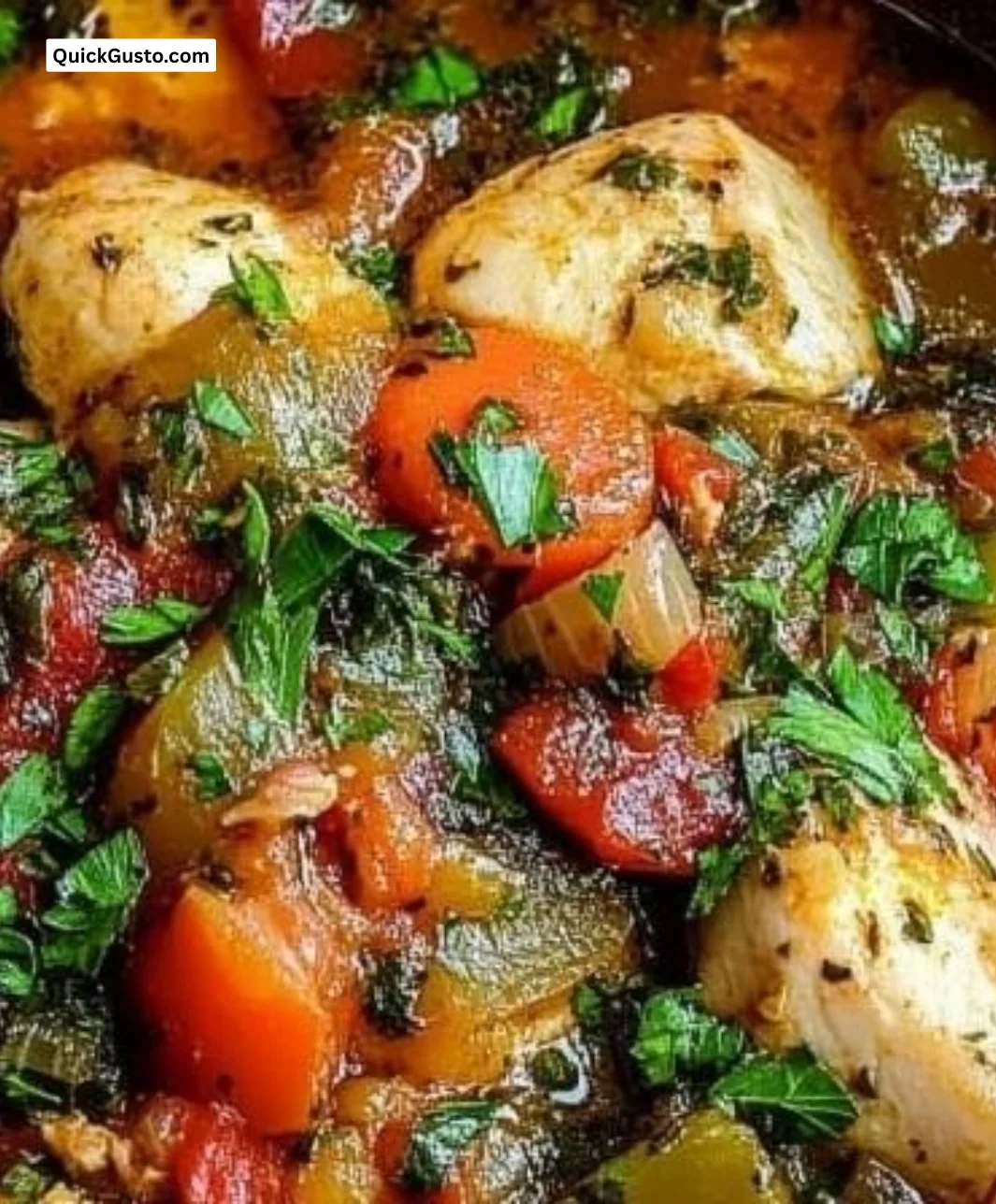 Tuscan Slow Cooker Chicken Stew in a rustic bowl garnished with herbs