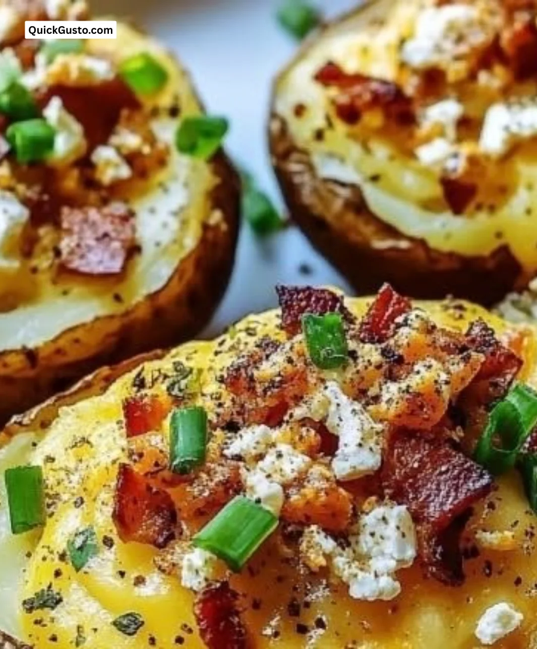 Delicious twice baked loaded breakfast potatoes topped with cheese and bacon.