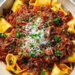 Delicious bowl of ultimate beef ragu served with pasta and herbs