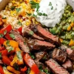 High-protein low-carb steak fajita bowls served in a colorful bowl