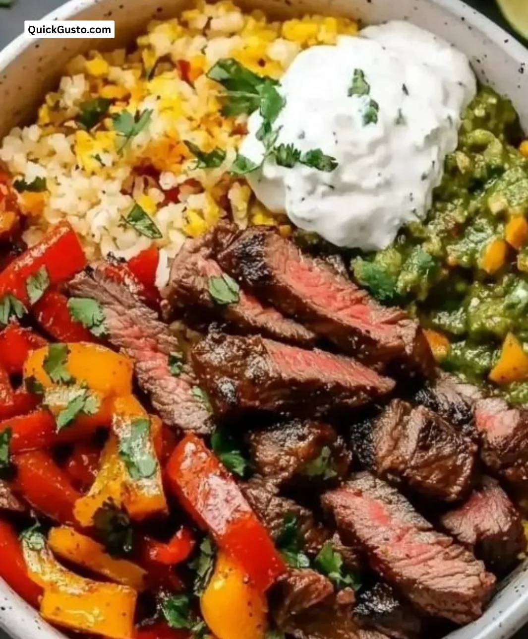 High-protein low-carb steak fajita bowls served in a colorful bowl