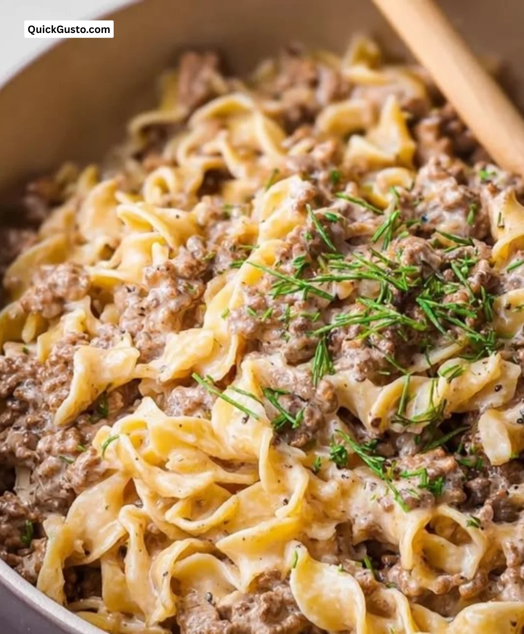 30-Minute Ground Beef Stroganoff served with pasta and topped with parsley