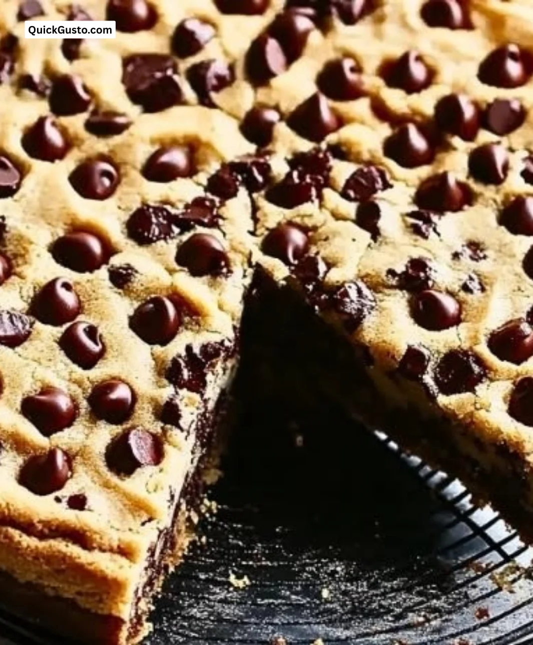 Delicious chocolate chip cookie cake topped with chocolate chips and served in slices
