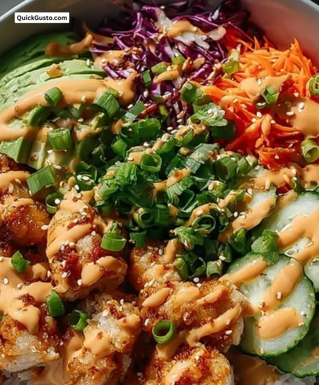 Delicious Bang Bang Chicken Bowl with crispy chicken and spicy sauce