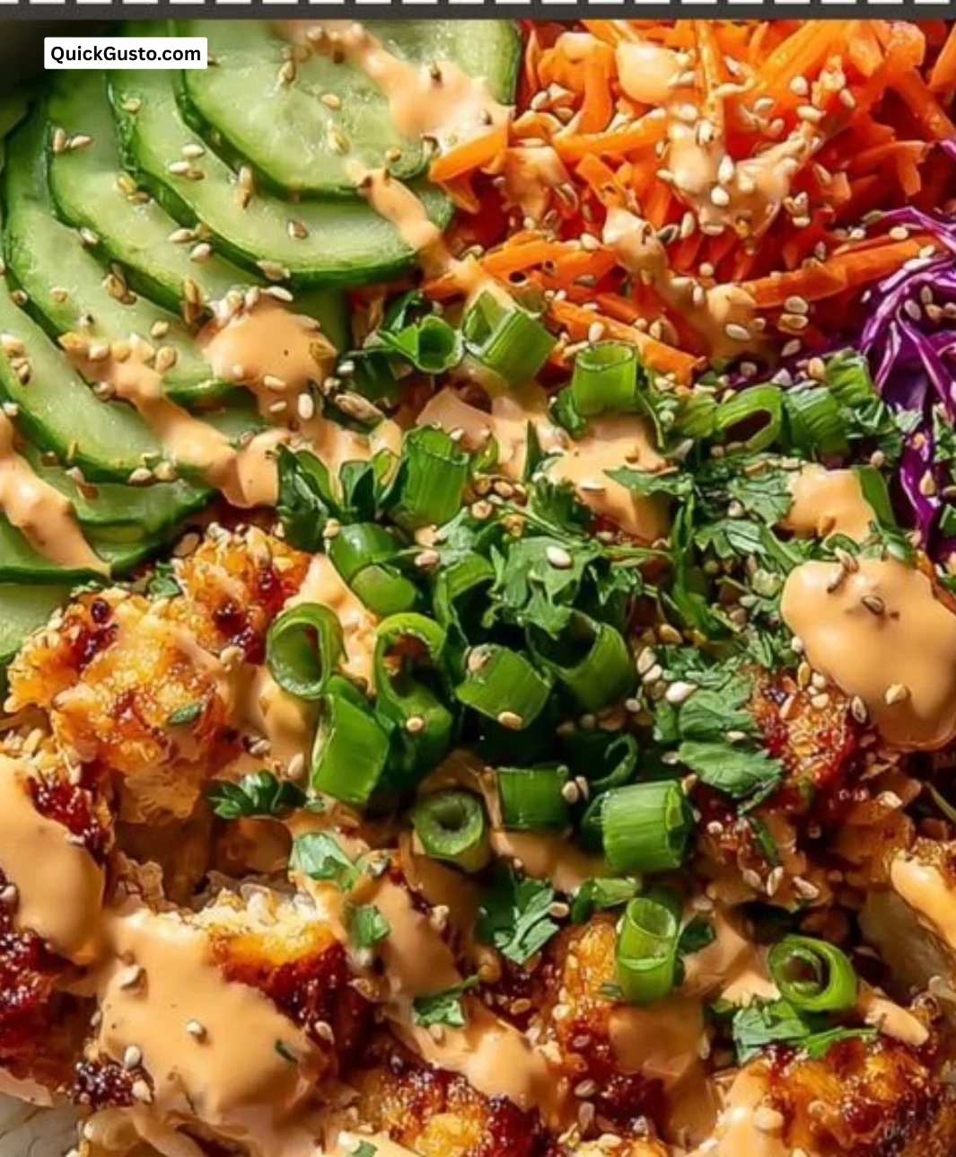 Bang Bang Chicken Bowl with creamy sauce, crunchy toppings, and vibrant ingredients