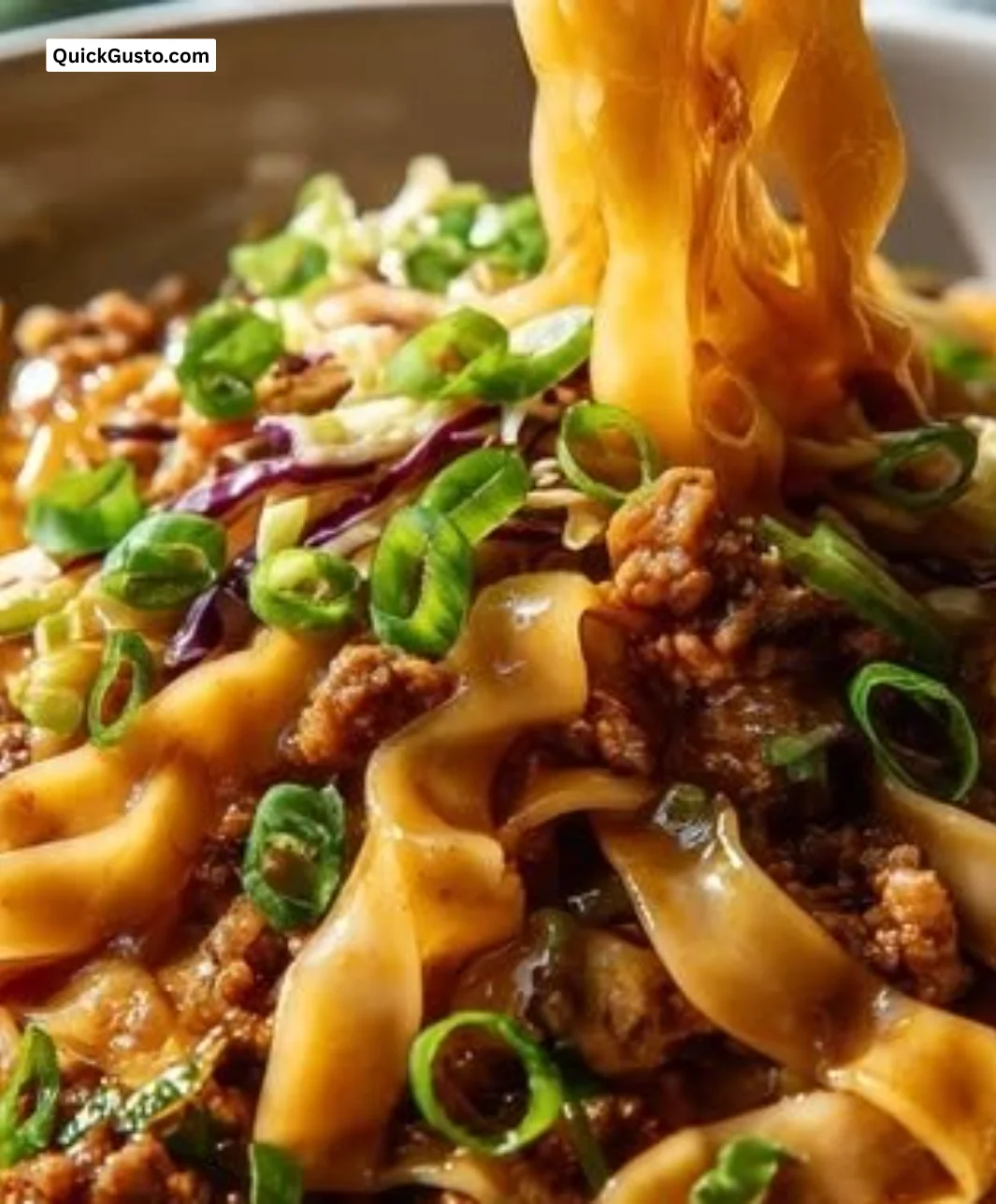 Delicious Beef Potsticker Noodle Bowl garnished with fresh vegetables