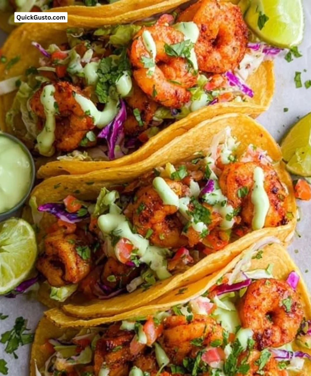 Delicious spicy shrimp tacos with cilantro lime slaw on a vibrant plate