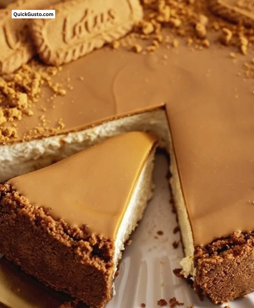 Delicious Biscoff cheesecake garnished with cookies and caramel drizzle.