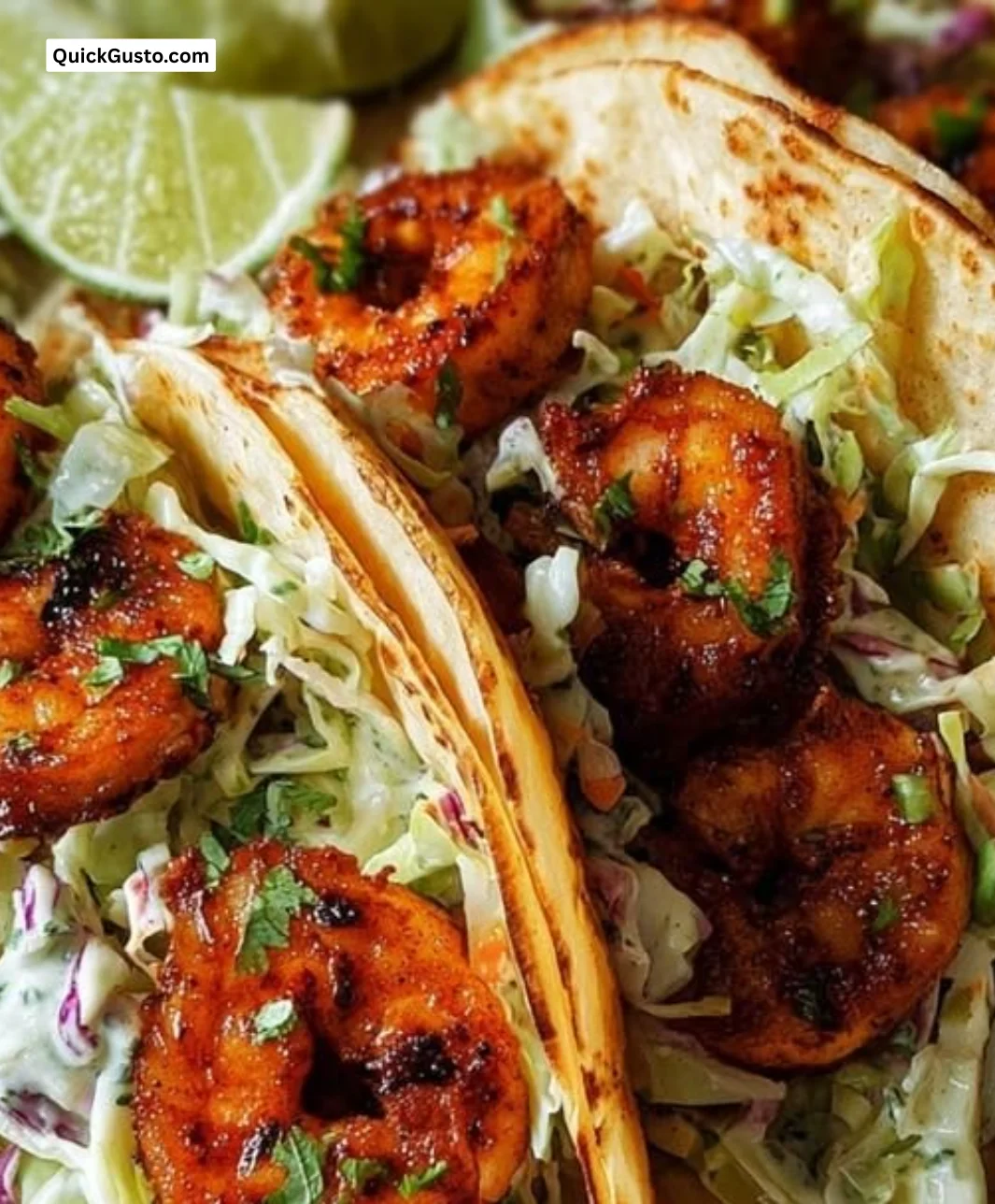 Blackened shrimp tacos served with vibrant slaw on a plate