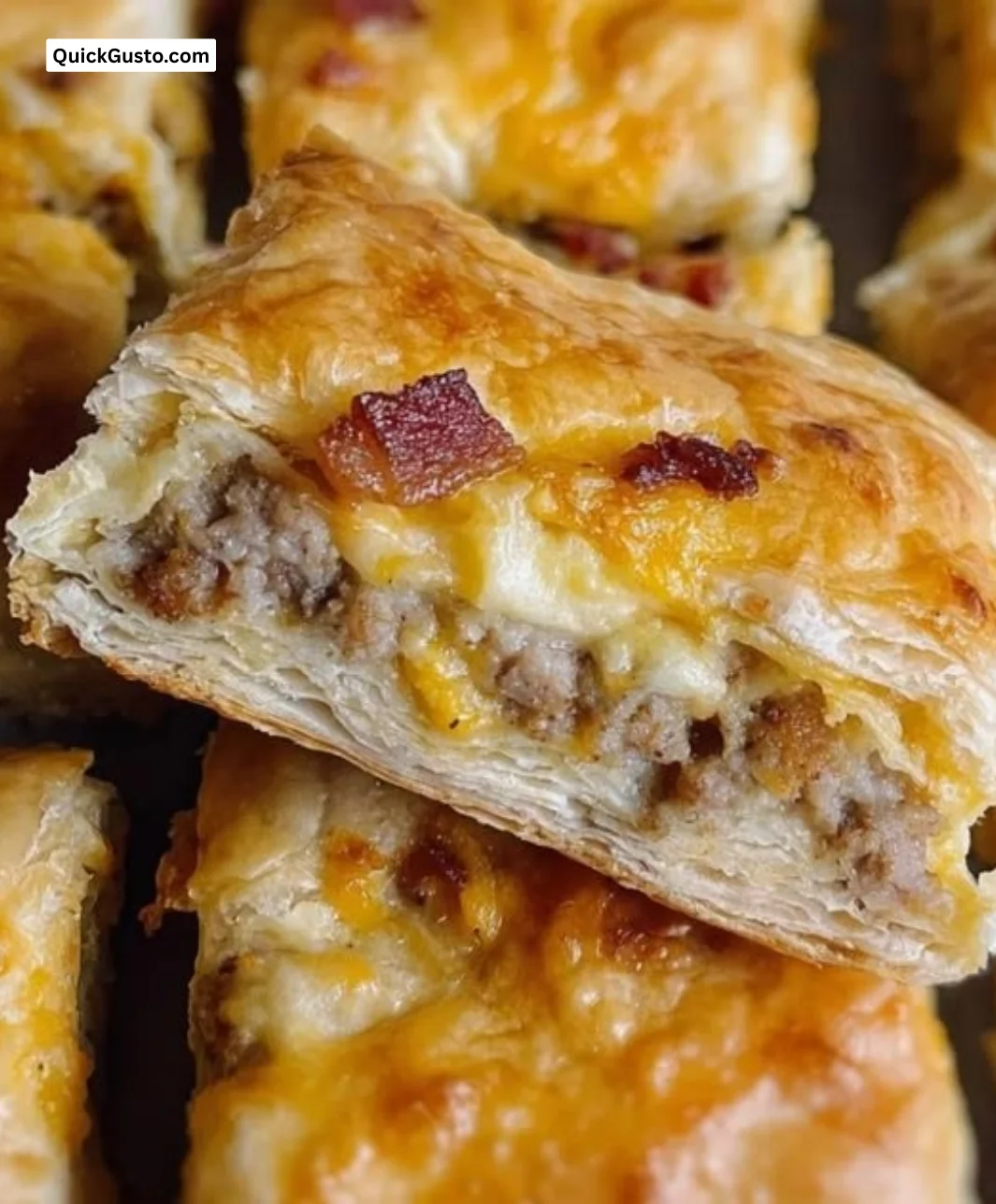 Homemade breakfast puff pastry bars on a plate with fruit garnish