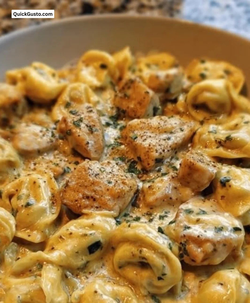 Cajun Garlic Chicken Tortellini in a creamy three-cheese sauce.