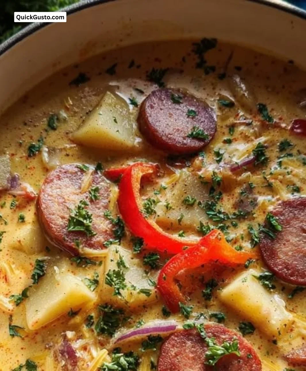 Bowl of spicy Cajun Potato Soup garnished with green onions and spices