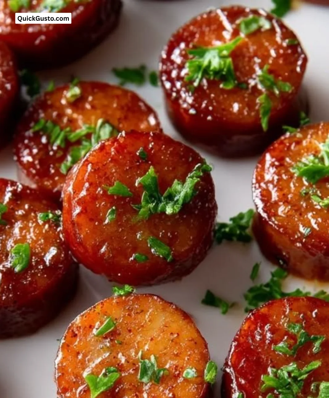 Candied Beef Kielbasa Bites served on a platter at a party.