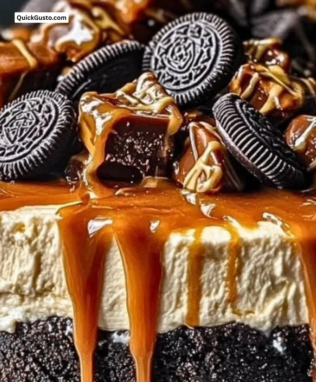 Caramel Reese's Oreo Cheesecake with peanut butter swirls and cookie layers