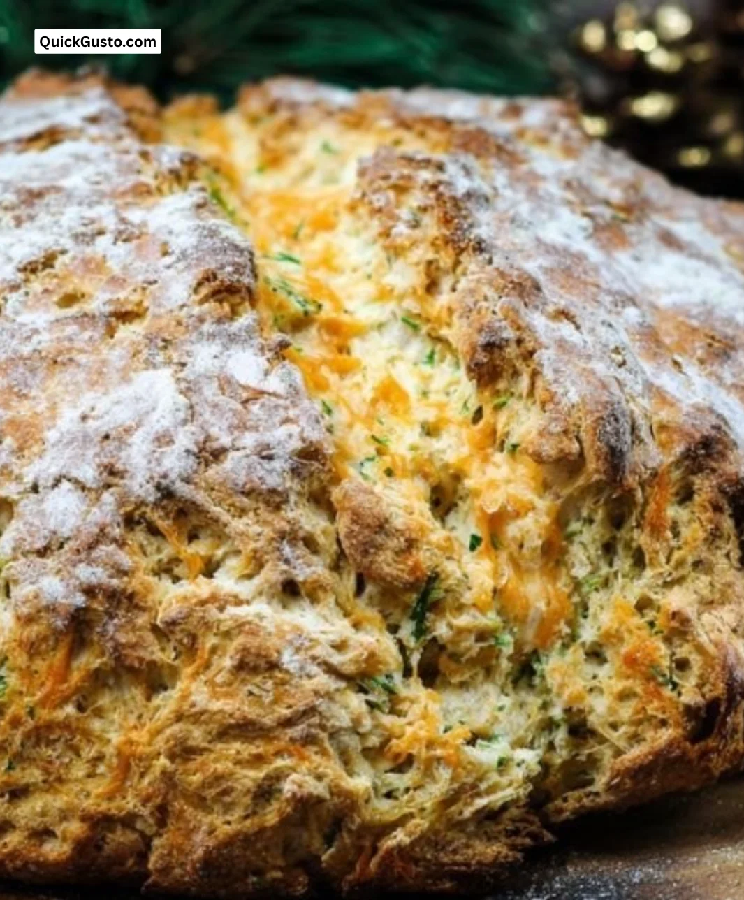 Freshly baked Cheddar and Herb Soda Bread on a wooden cutting board.