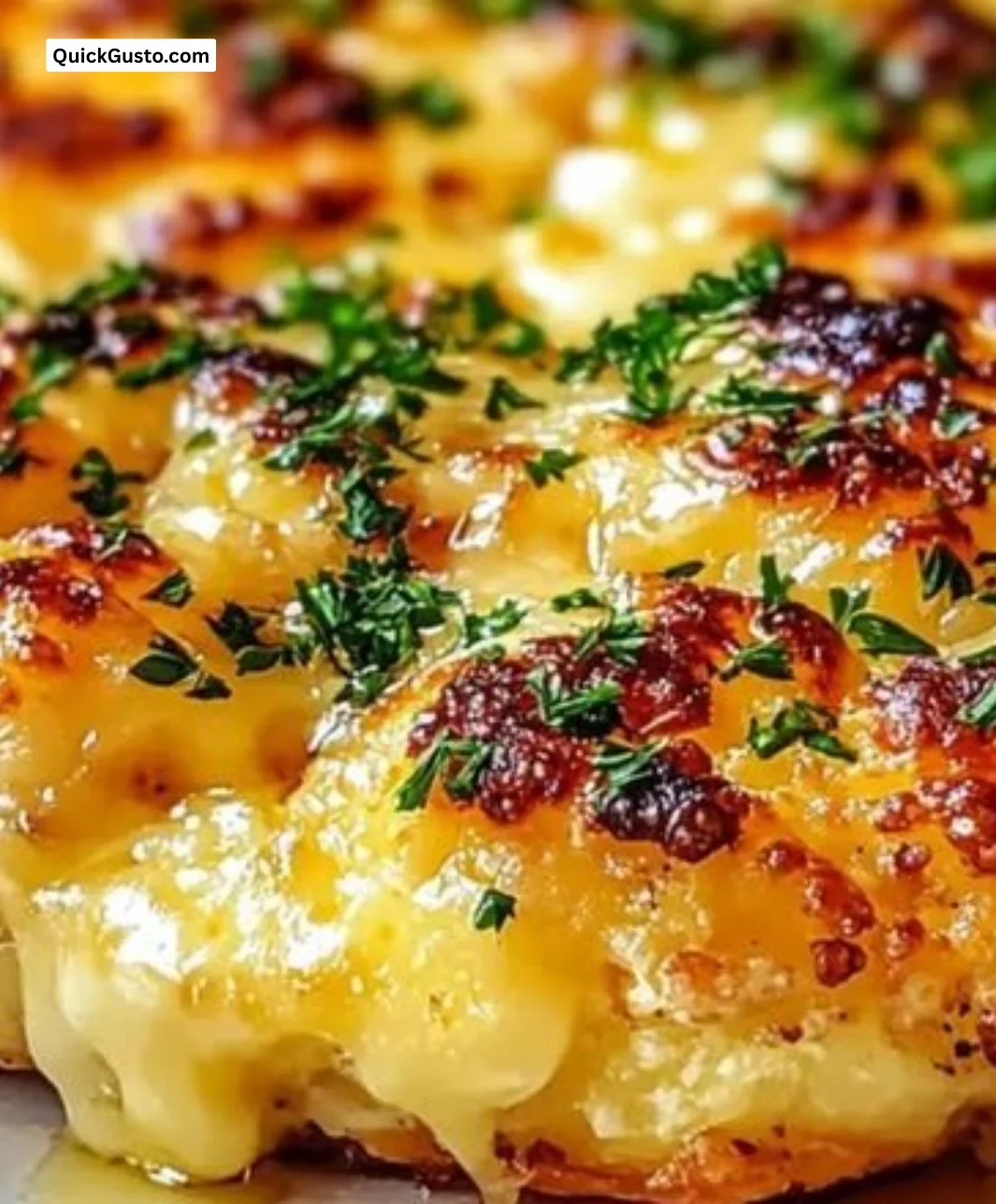 Cheesy cauliflower steaks with crispy edges and creamy center served on a plate.